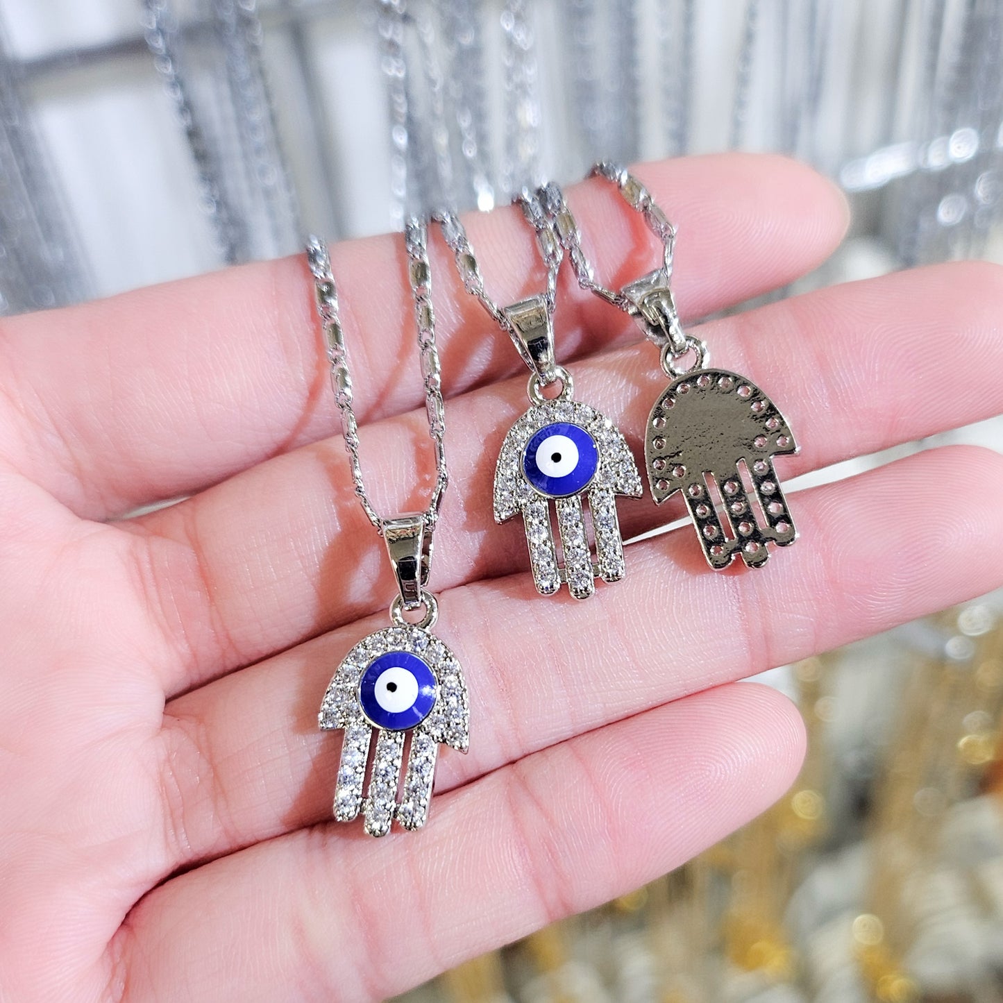 Blue Evil Eye Hamsa Necklace in White Gold-plated