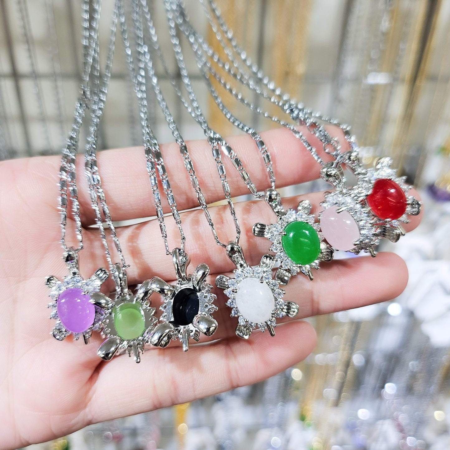Little Jade Turtle Necklaces in White Gold-plated