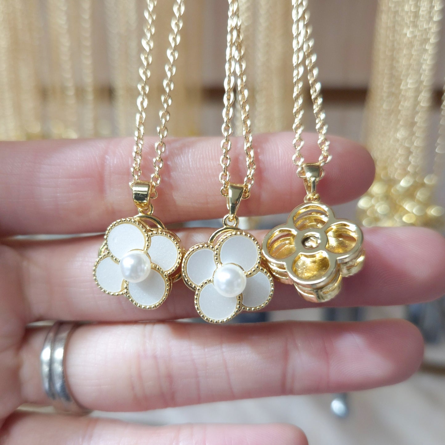 White Pearl Enamel Flower Spinner Necklace