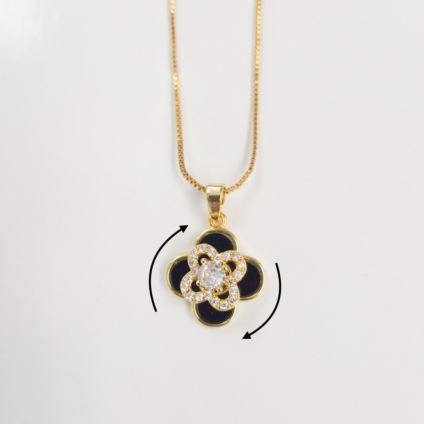 Black Enamel Bedazzled Clover Spinner Necklace