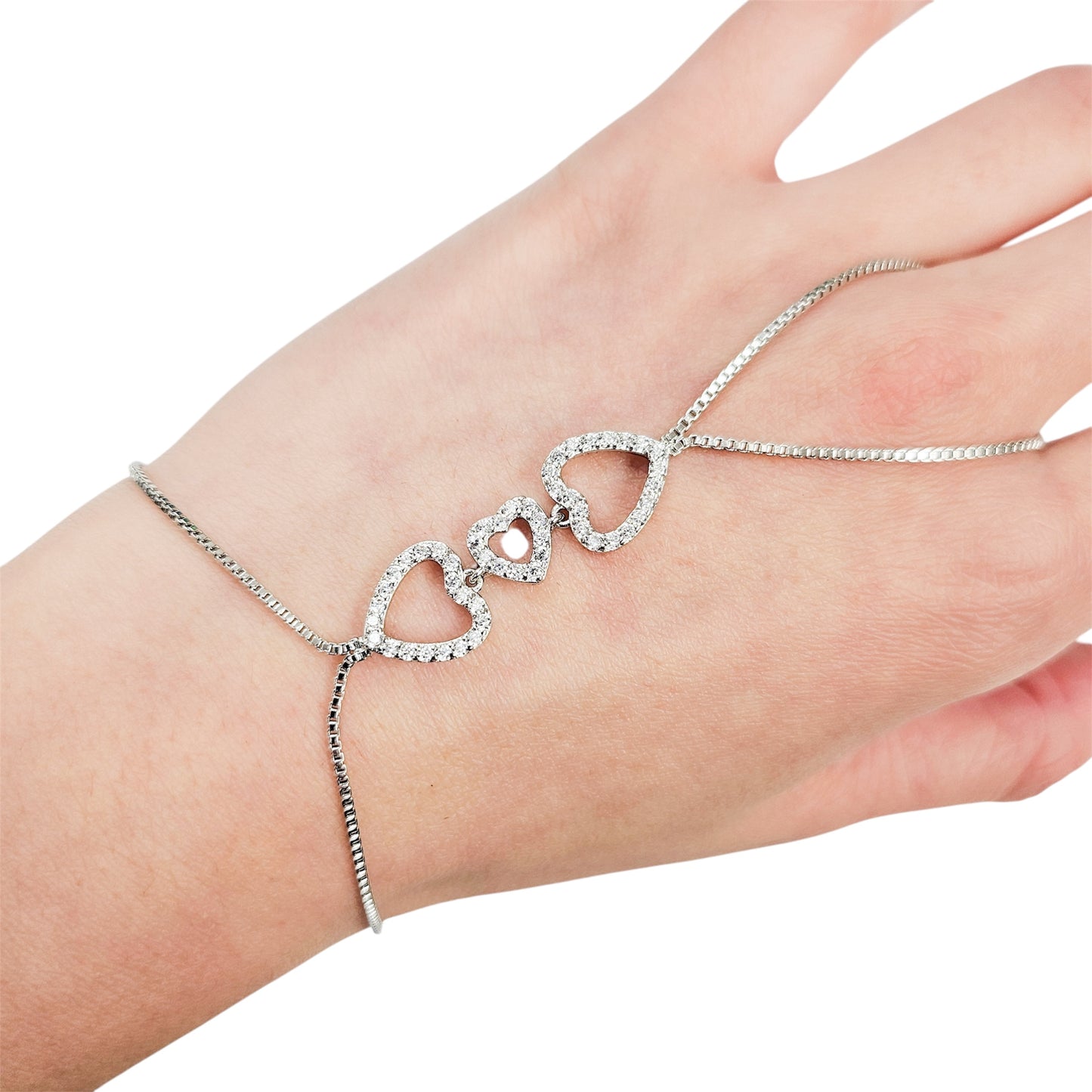 Connected Hearts Hand Chain in White Goldplated