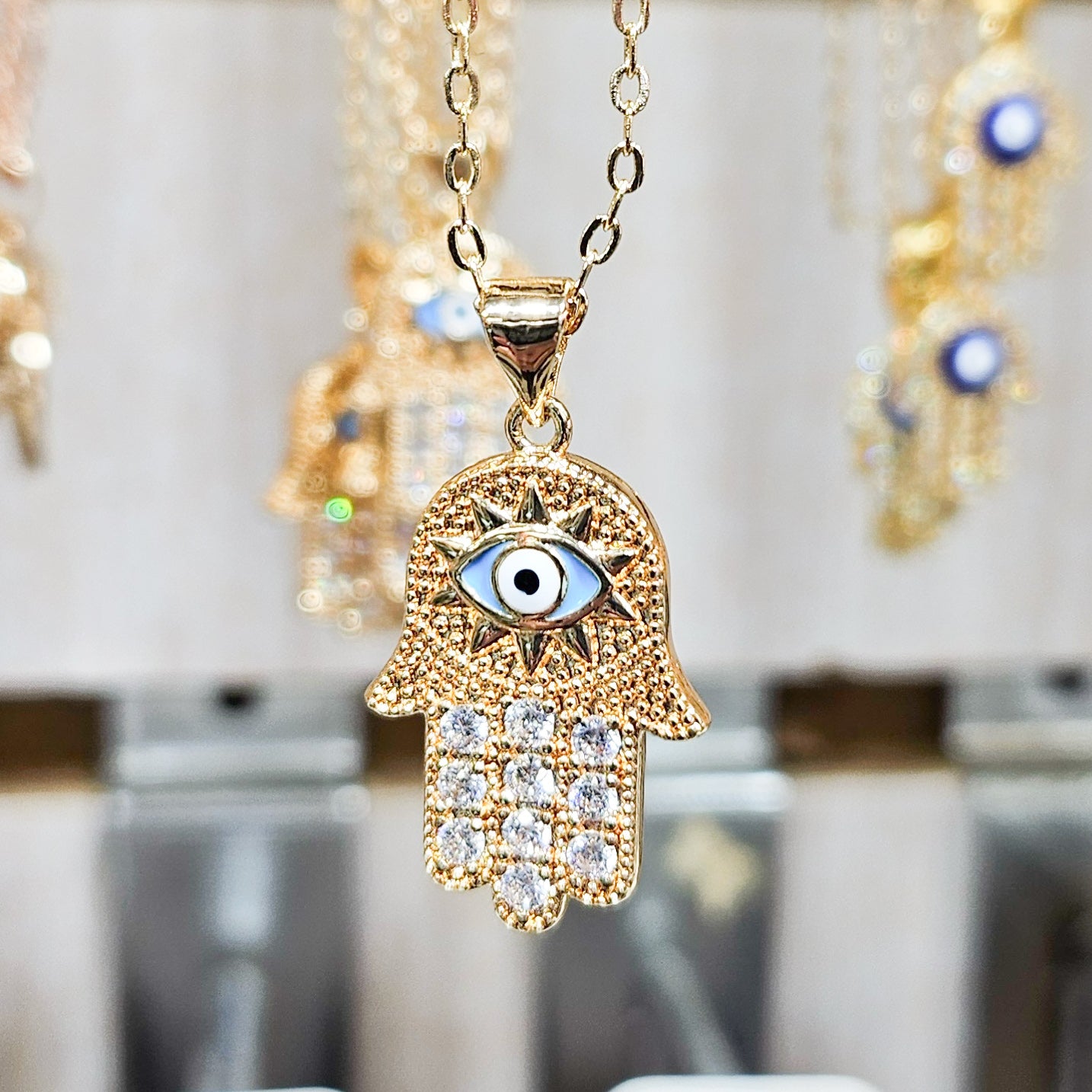 Embellished Hamsa Evil Eye Necklace