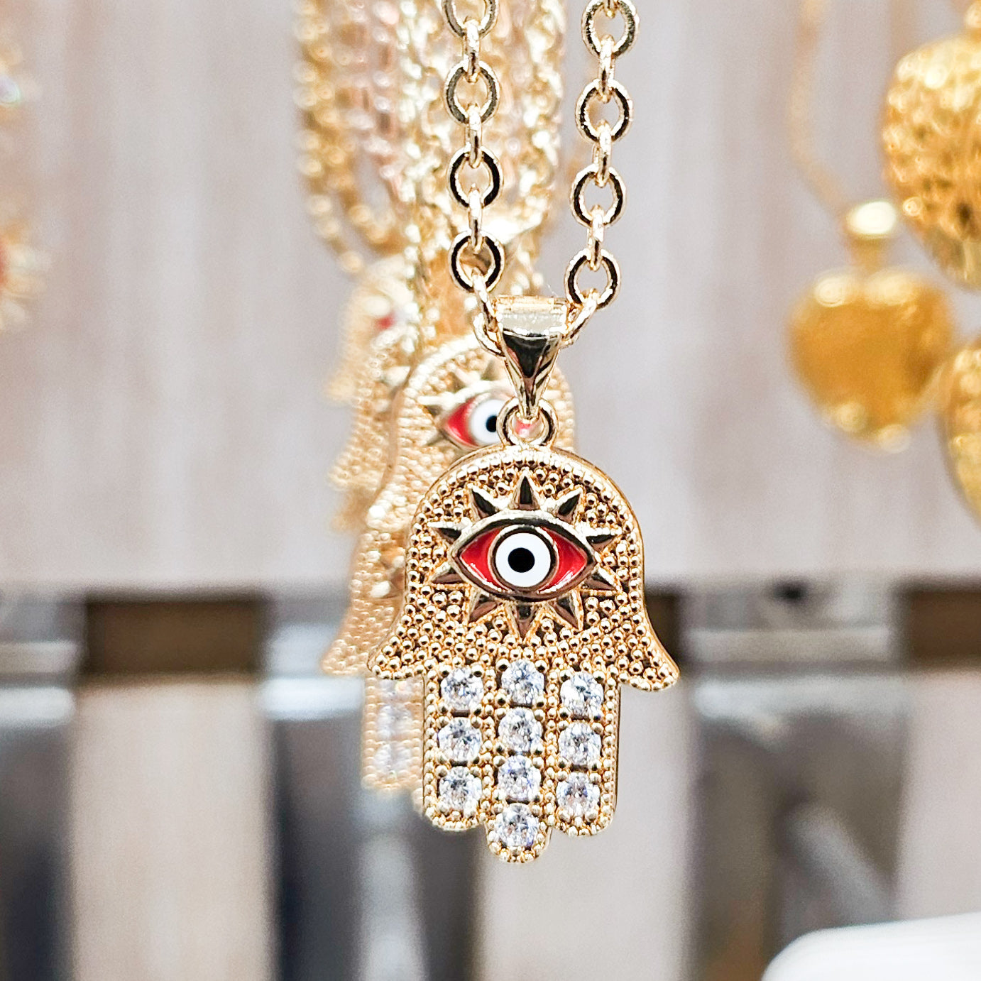 Embellished Hamsa Evil Eye Necklace