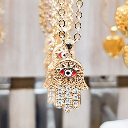 Embellished Hamsa Evil Eye Necklace