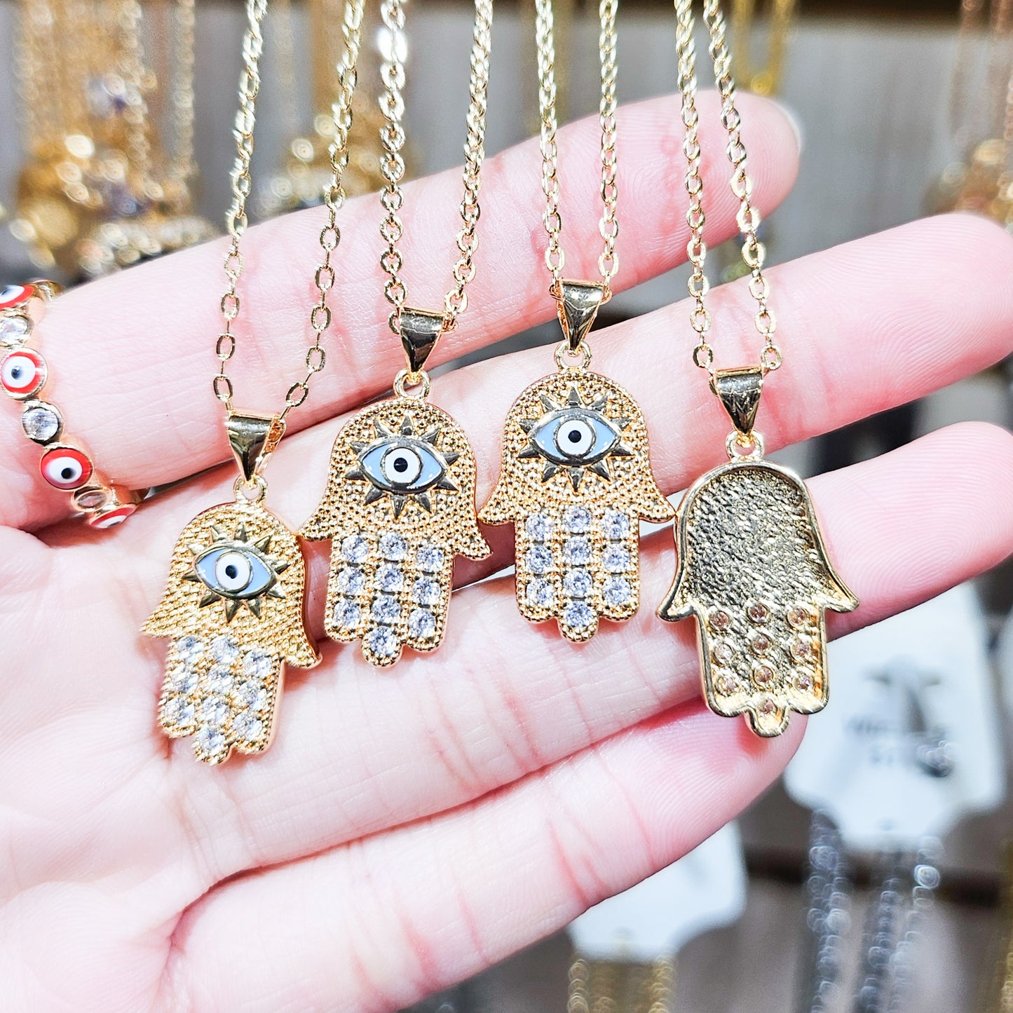 Embellished Hamsa Evil Eye Necklace