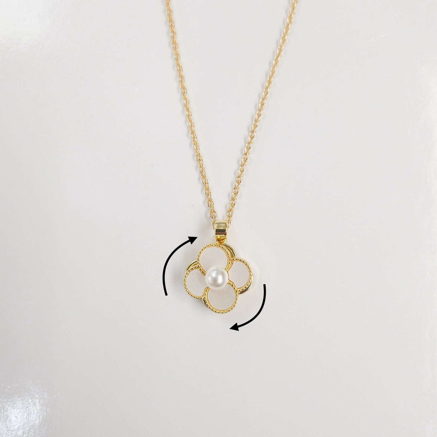 White Pearl Enamel Flower Spinner Necklace