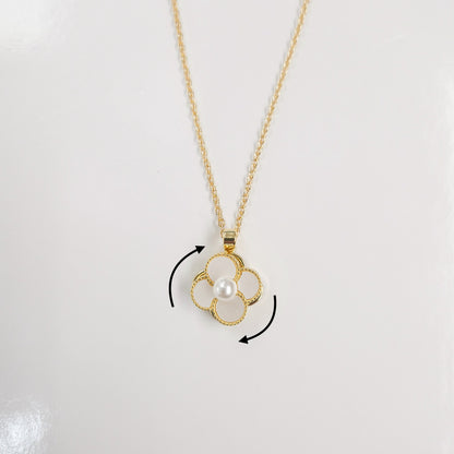 White Pearl Enamel Flower Spinner Necklace