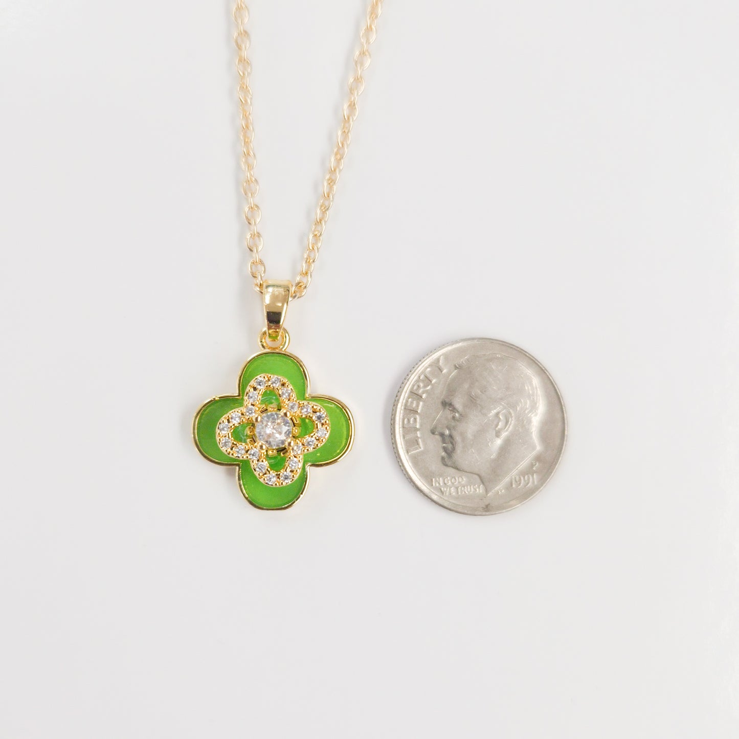 Green Enamel Sparkly Clover Fidget Spinner Necklace