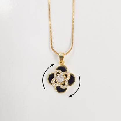 Black Enamel Bedazzled Clover Spinner Necklace