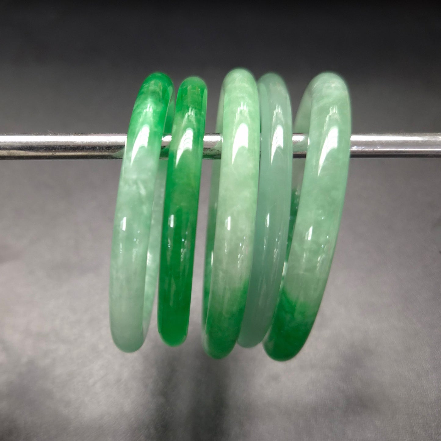 Narrow Two Tone Green Round Jade Bangles