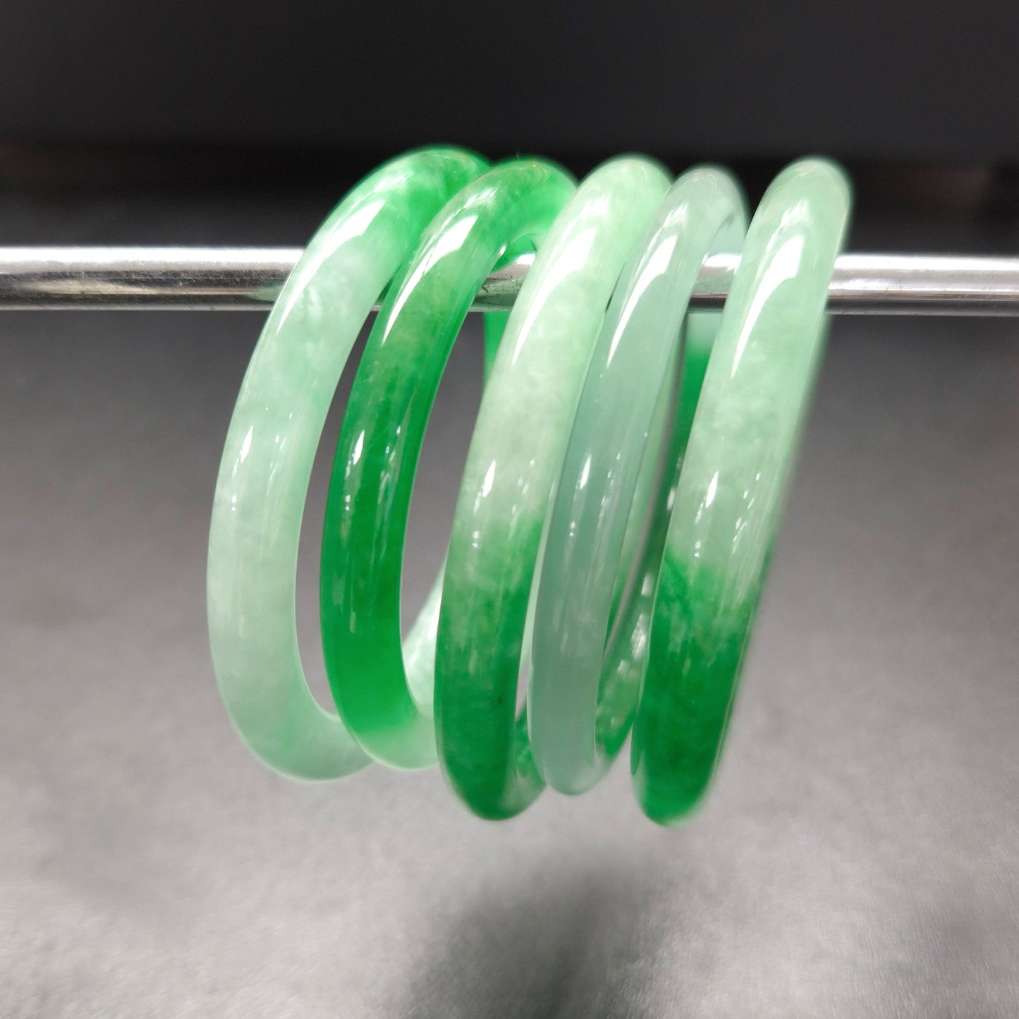 Narrow Two Tone Green Round Jade Bangles
