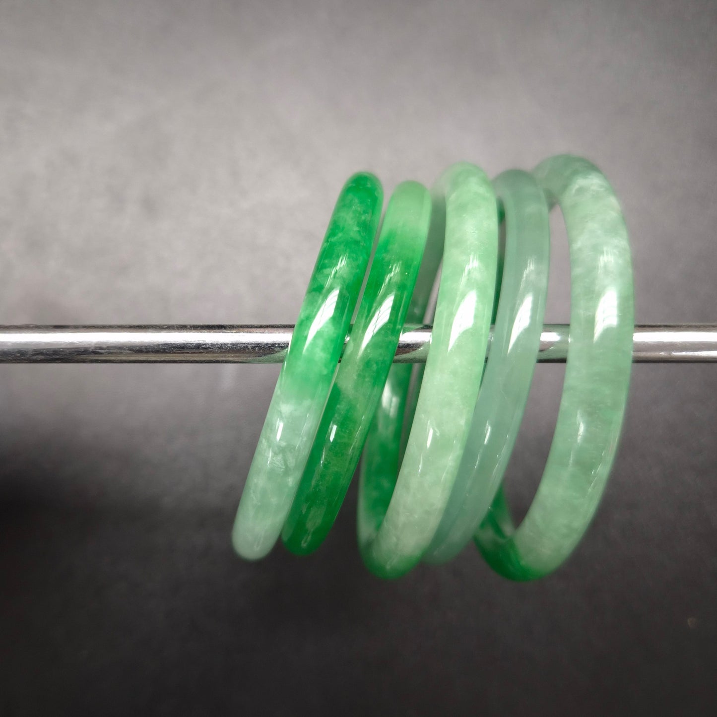 Narrow Two Tone Green Round Jade Bangles
