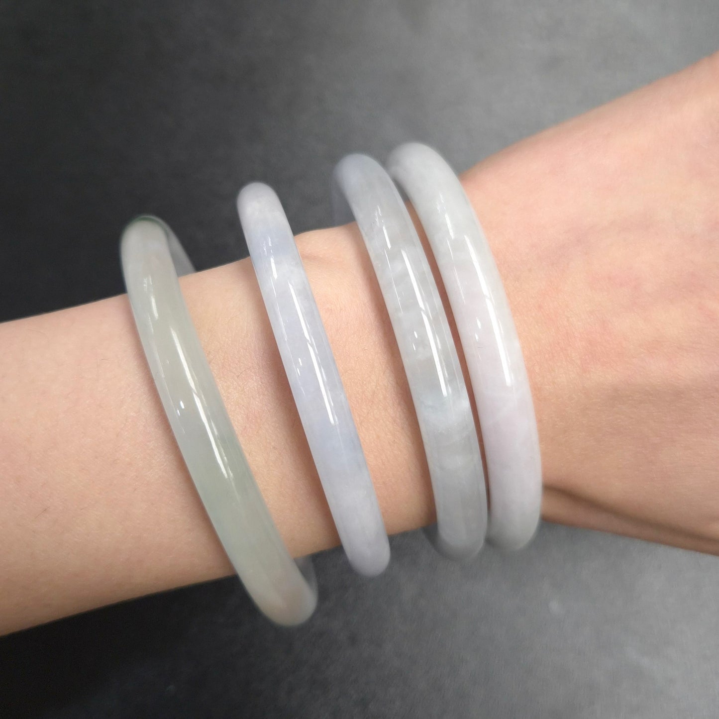 Narrow White Grey Round Jade Bangles