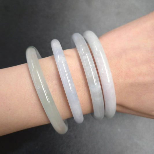 Narrow White Grey Round Jade Bangles