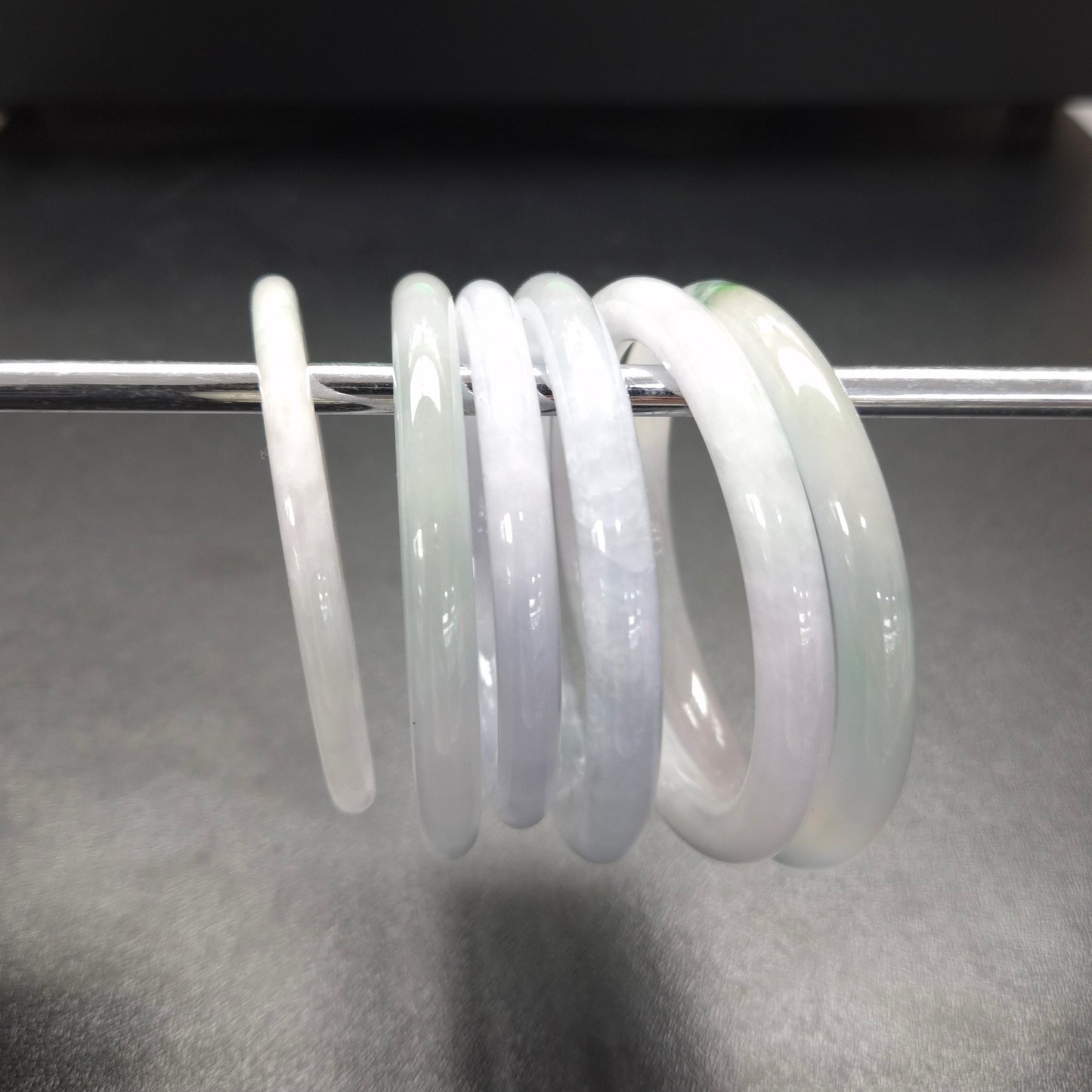 Narrow White Grey Round Jade Bangles