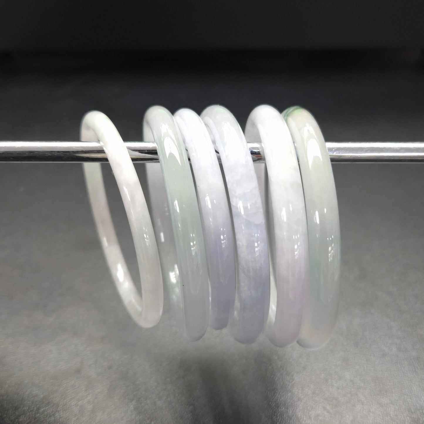 Narrow White Grey Round Jade Bangles