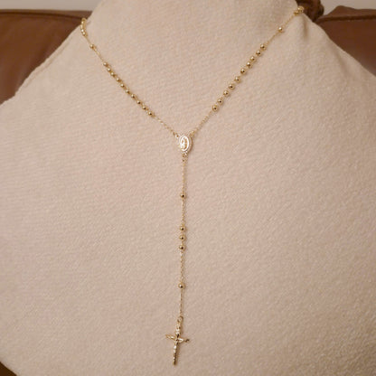18K Gold Plated Virgin Mary Rosary Beaded Cross Necklace