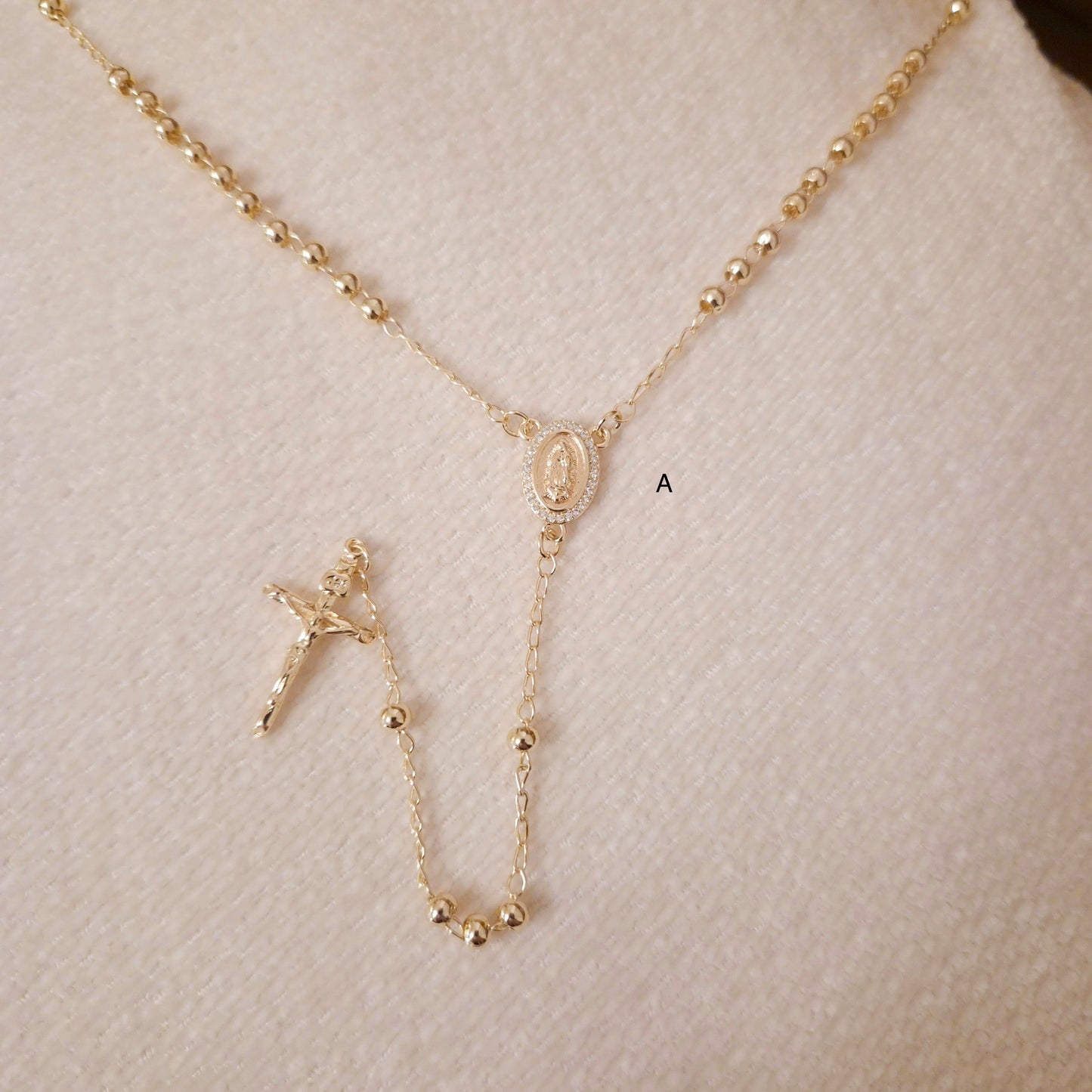 18K Gold Plated Virgin Mary Rosary Beaded Cross Necklace