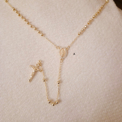 18K Gold Plated Virgin Mary Rosary Beaded Cross Necklace