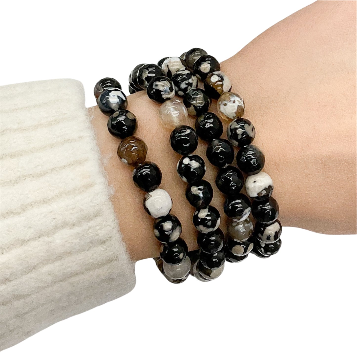 Black and White Fire Agate Beaded Gemstone Bracelet