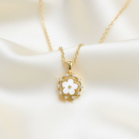 Petite White Enamel Flower Spinner Necklace