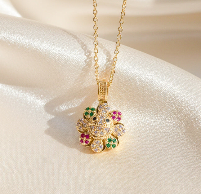 Colorful Happy Face Flower Spinner Necklace