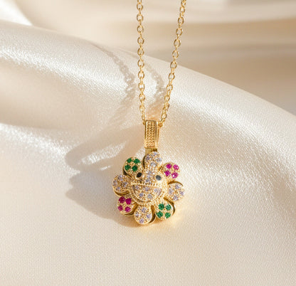 Colorful Happy Face Flower Spinner Necklace