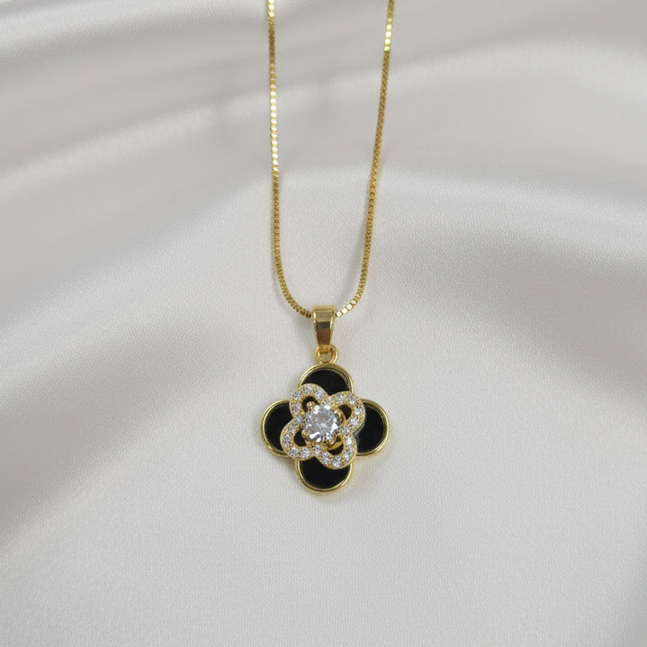 Black Enamel Bedazzled Clover Spinner Necklace
