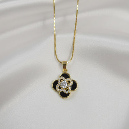 Black Enamel Bedazzled Clover Spinner Necklace