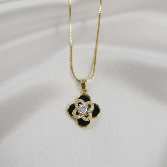 Black Enamel Bedazzled Clover Spinner Necklace