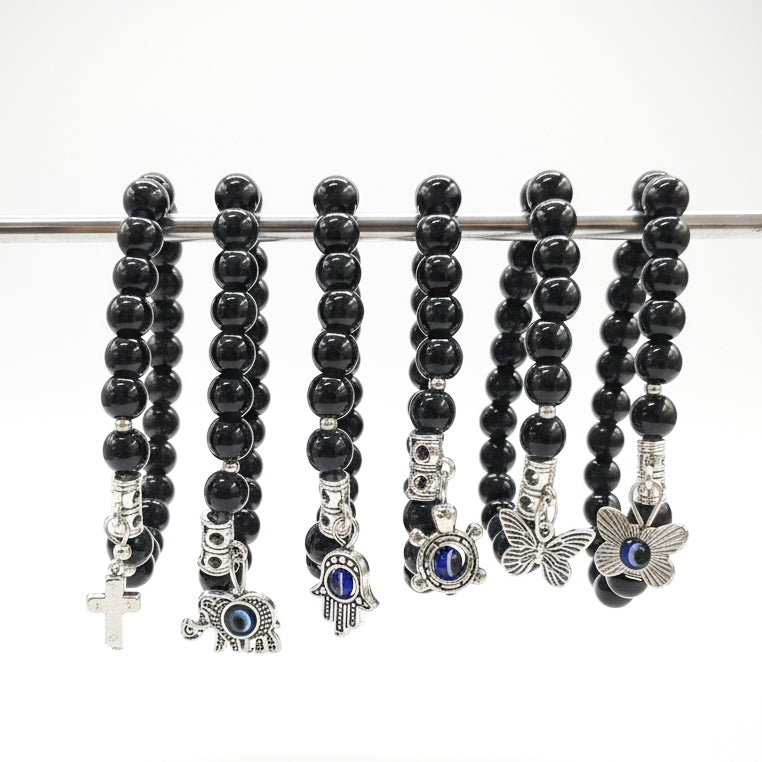 Black Beaded Charm Bracelet